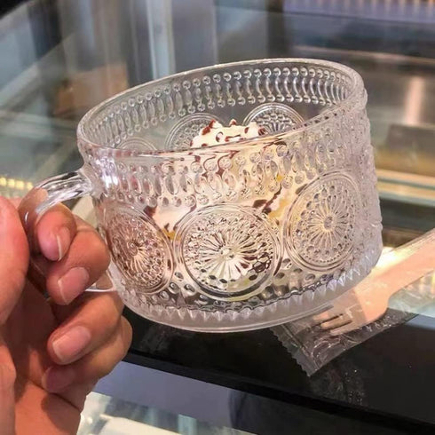 Amzcku 14 Oz Set 2 Vintage Coffee Tea Cups, Glass Mugs of Embossed Glassware with Handle, for Cappuccino, Latte
