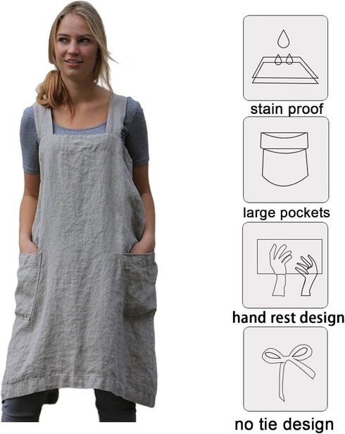 ZQFFB Women's Pinafore Cross Back Apron with Pockets, Japanese Smock for Cooking, Gardening, Baking