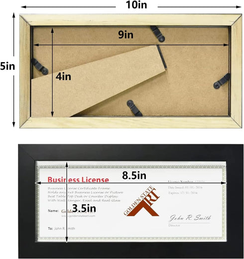 Golden State Art Wood Frame for 4x9 Business License Certificate with Real Glass & Table-top Display, Black