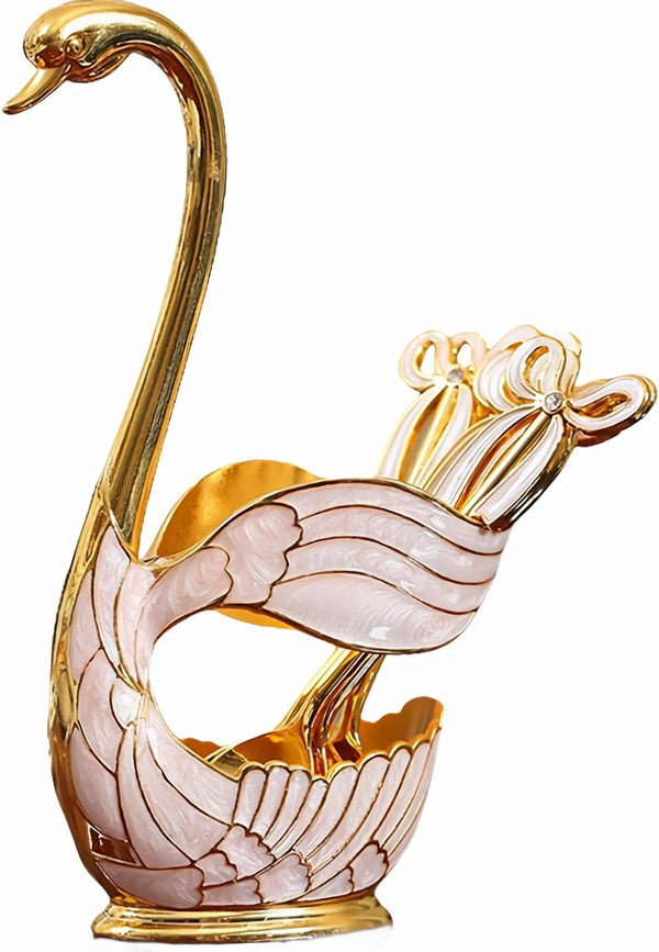 Decorative Gold Swan Base Holder with 6 Pcs Coffee Spoon Set, Creative Dessert Spoons