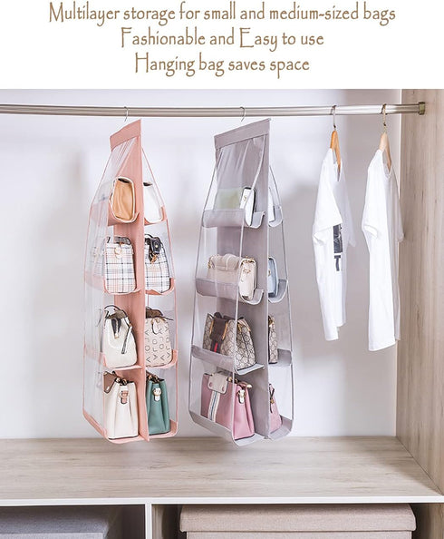 MURRI&MURRDI 1 Pack Hanging Handbag Organizer (Gray) for Closet, Purse Storage Holder with 8 Clear PVC Pockets