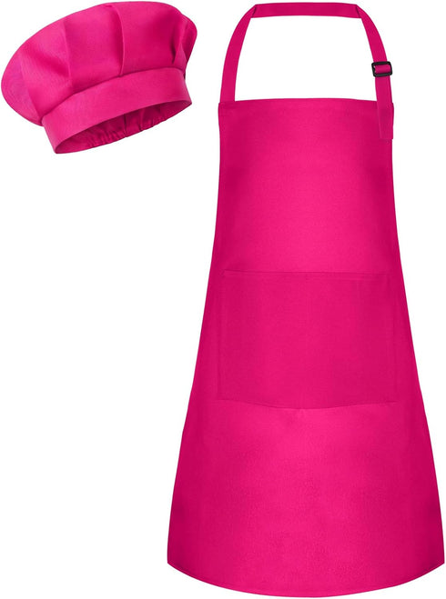 Adjustable Kids Apron and Chef Hat Set, Children Cooking Apron with 2 Pockets for Baking and Painting