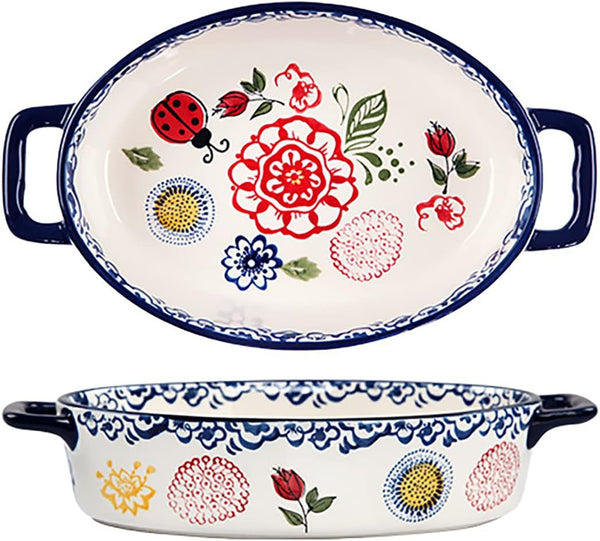 Vintage Style Ceramic Casserole Dish - Flower and Butterfly Ladybug Pattern Baking Pan - 1 PCS - Small Oval with Handles