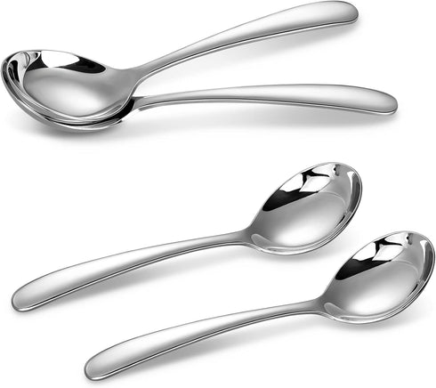KEAWELL Premium 7.3 Inches Soup Spoons Set of 4, 18/10 Stainless Steel, Deep Bowl for Ramen, Pho, Miso (Round-Handle)