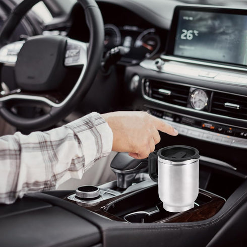 Portable Stainless Steel Electric Car Kettle, 450ml Travel Mug with Auto Charger, Airtight Lid, Heated Coffee Tea Cup