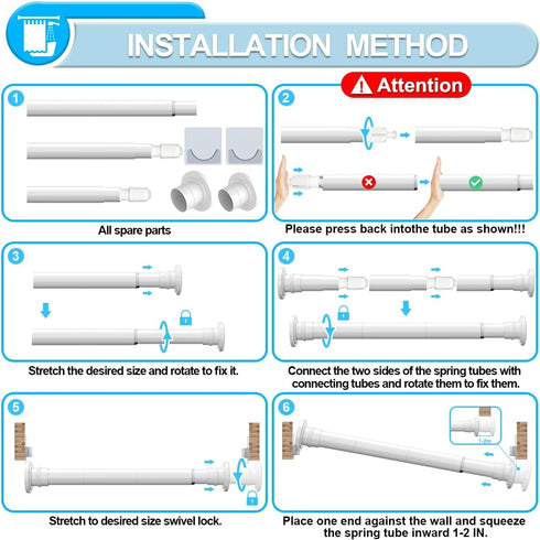 Spring Tension Rod, Adjustable 28 to 48 inches, Heavy Duty Curtain Rod for Bathroom, Windows, Door, White
