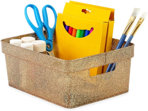 Isaac Jacobs Small Glitter Storage Bin (10” x 7.5” x 4.25”), Set with Cut-Out Handles, Multi-Functional Organizer, Gold