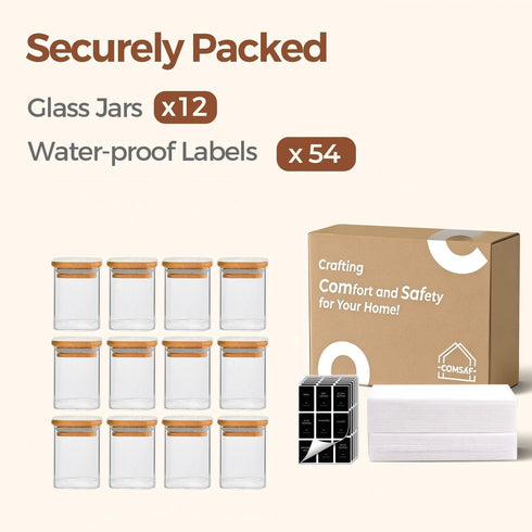 6 oz 12Pack, Set, ComSaf Spice Jars with Labels Small Spice Containers Starter Glass Seasoning Jars with Lids, Square