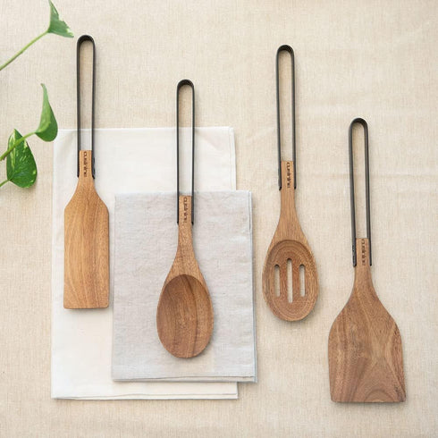 Wooden Utensils for Cooking - Acacia Wood, Modern Design, Scratch-Resistant Stainless-Steel Handles