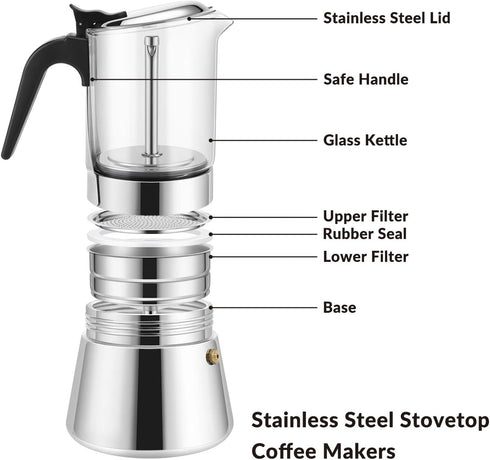 4/6/ 9 360ml/12.7oz/9 cup=40ml) Geesta Premium Crystal Glass-Top Stovetop Espresso Moka Pot - Cups Stainless Steel