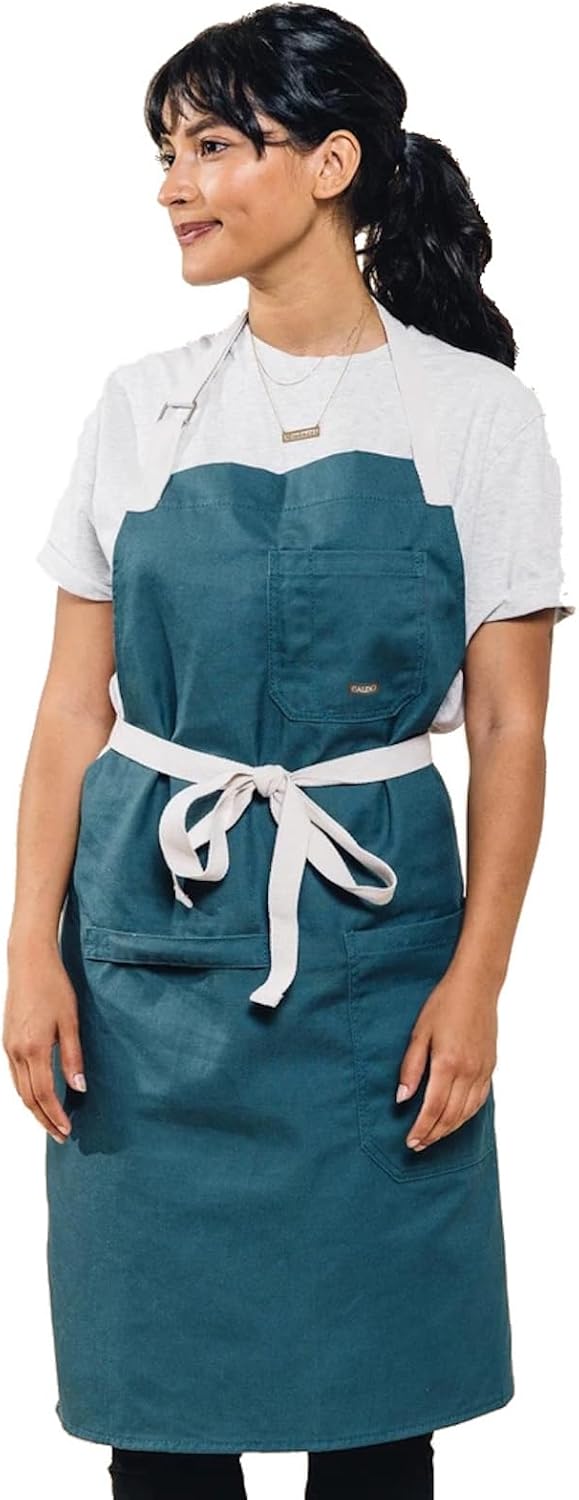Caldo Daily Cotton Kitchen Apron for Cooking - Adjustable Straps with Pockets and Towel Loop, Spruce
