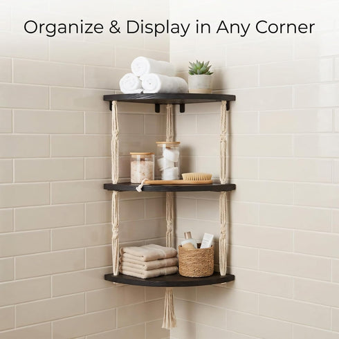 3-Tier REFGY Corner Floating Shelves with Aesthetic Greenery & Fairy Lights - Premium Wood-Textured Boho Wall Hanging