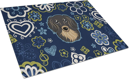 Caroline's Treasures Blue Flowers Longhair Black and Tan Dachshund Glass Cutting Board, Large Decorative Kitchen Board