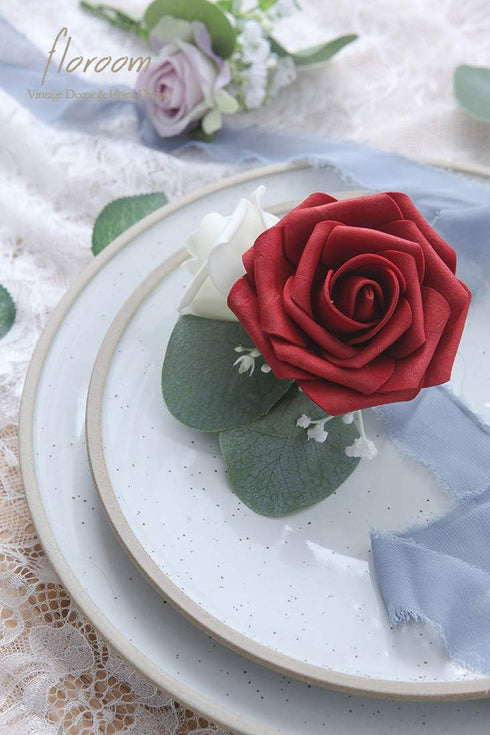 Floroom 25pcs Artificial Flowers Dark Red Foam Fake Roses with Stems for DIY Wedding Bouquets, Party Decorations