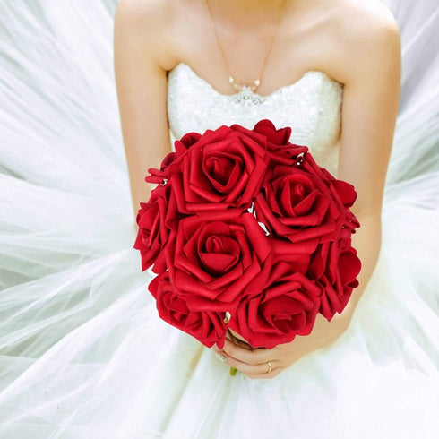 AmyHomie 50pcs Dark Red Artificial Flowers, Real Looking Fake Roses with Stem for DIY Wedding Bouquets, Centerpieces,