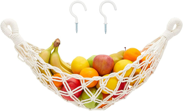 Okuna Outpost Macrame Hanging Fruit Basket Hammock for Kitchen, 6 x 25 x 15 in, White Cotton Modern Under-Cabinet