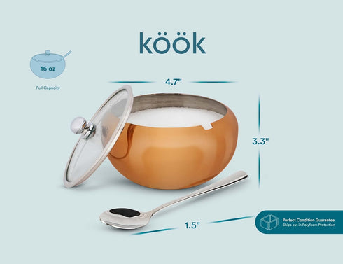 KooK Sugar Bowl with Lid and Spoon, Sugar Container for Salt, Coffee, Holds 2 Cups, Dishwasher Safe, Copper, 16 Oz