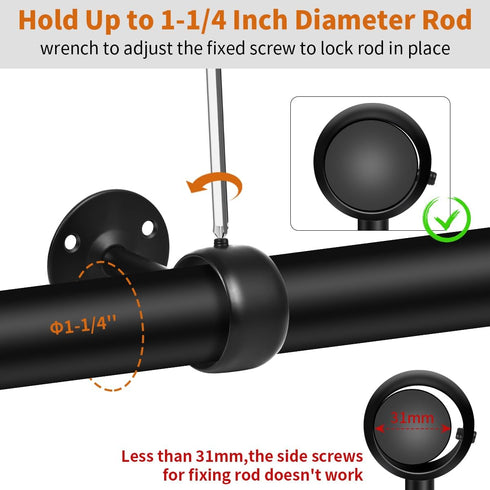 Ceiling Curtain Rod Brackets, Heavy Duty 1-1/4 Inch Black Holders for Wall Closet Rods, 4 Pack