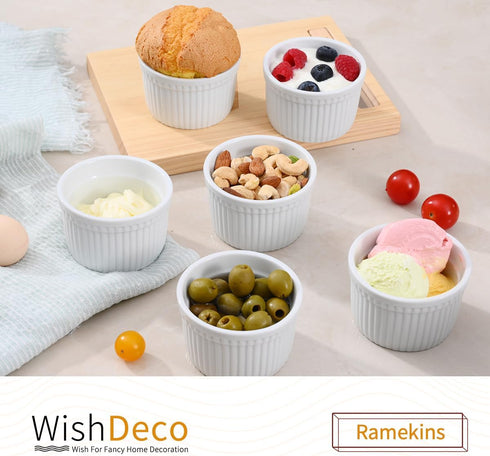 Ramekins Set of 6, Creme Brulee Ramekins 8 oz, White Dipping Sauce Dishes, Porcelain Ramekin Bowls for Baking, Souffle, Custard Pudding, Cake, Oven Safe
