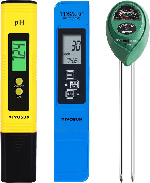 VIVOSUN Digital pH Meter, 3-in-1 TDS/EC/Temperature Meter, 3-in-1 Soil Moisture/pH/Light Tester Combo