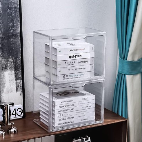 2PACKS BOHOIDEE Clear Book Storage Organizer for Bookshelf, Plastic Stackable Book Display Case with Magnetic Door