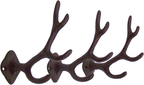 Rustic 4-Point Deer Antler Cast Iron Wall Hook, 5.6 Inch (Set of 3)