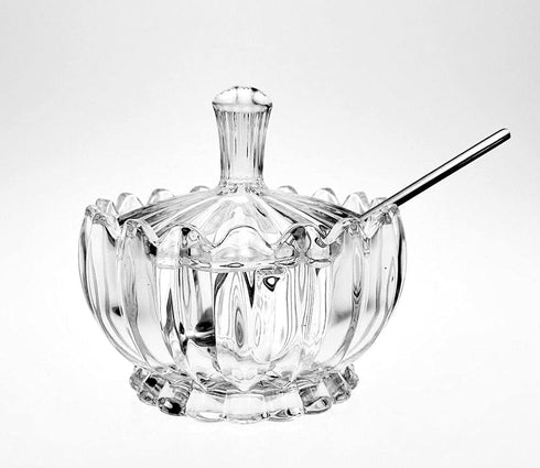 Clear Glass Sugar Bowl Spice Jar with Lid Spoon, Transparent Condiment Pot