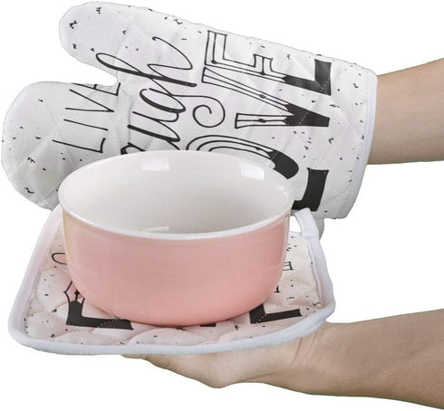 Set of Oven Mitt and Pot Holder, Live Laugh Love Quote, Heat Resistant Non-Slip Surface for Kitchen