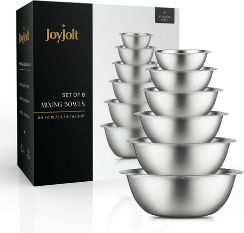 JoyJolt Stainless Steel Mixing Bowl Set - 6 Bowls from 5qt Large to 0.5qt Small for Kitchen, Cooking, Storage