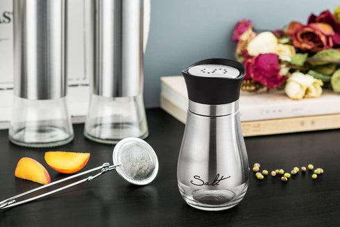Lonffery Salt and Pepper Shakers Set, Stainless Steel and Glass Bottle, Kitchen Decor, Set of 2