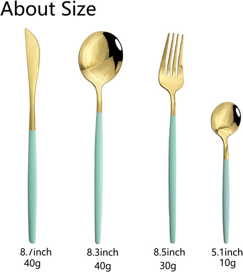 JASHII Flatware Serving Set 24 Piece, Stainless Steel Silverware Set, Mint Green Gold Cutlery for Modern Elegant