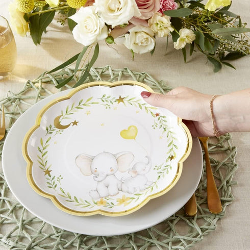Kate Aspen Elephant Baby Shower 9 in. Premium Decorative Paper Plates, Set of 16 (350 GSM weight) | Party Supplies