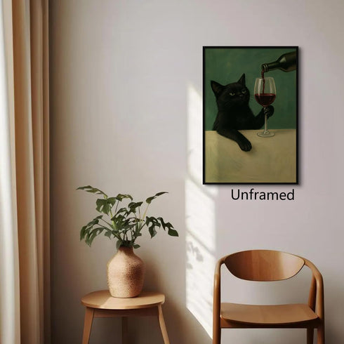 Generic 12x16in Black Cat Canvas Wall Art, Moody Dark Green Cat Painting Poster, Vintage Whimsical Animal Picture, Wine