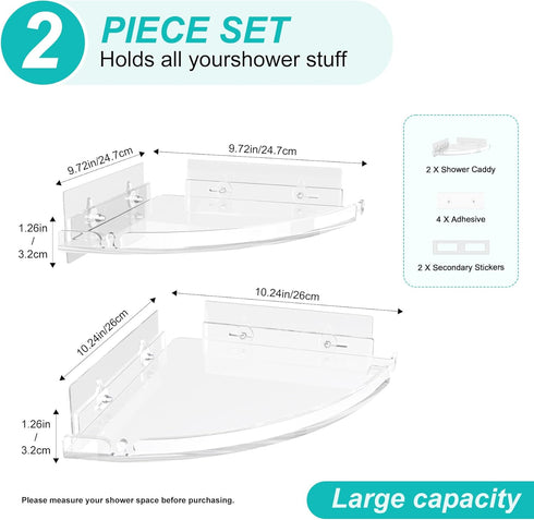 2-Pack Acrylic Corner Shower Shelves, Adhesive Shower Caddy Organizer for Bathroom Storage Home Decor, Clear Rustproof