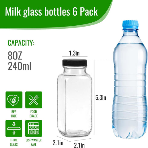 8 oz Lids,6 PACK BIGIVACA Glass Juice Bottles with Bottles for Juicing,Square Drinking Jars Glass
