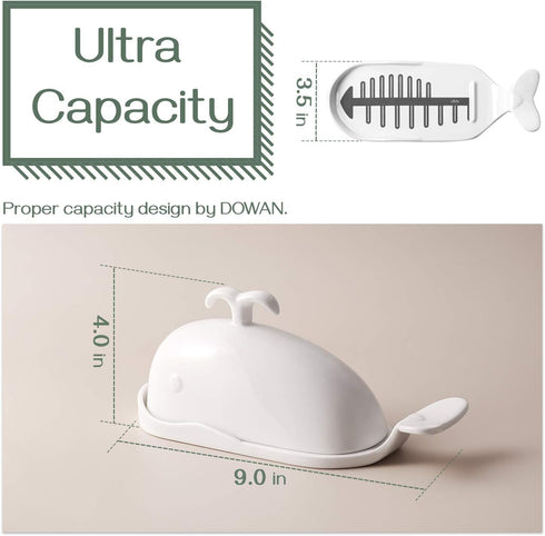 DOWAN Porcelain Butter Dish With Cutting Measuring Line, Large Whale Butter Dish with Cover of Non-slip Design, Ceramic