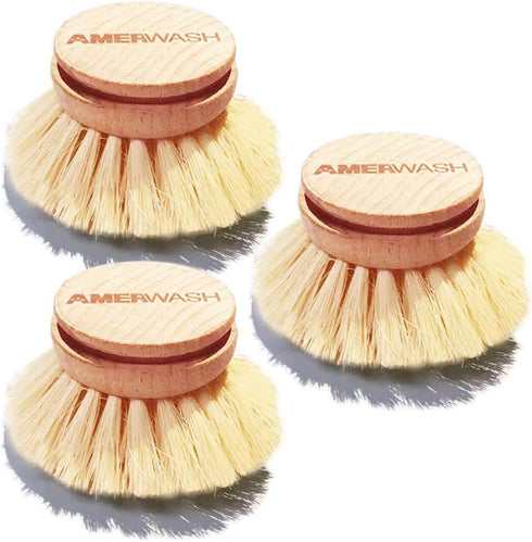 AMERWASH PLUS Classic Dish Brush Replacement Head 3 Packs, Natural Bristle Tampico