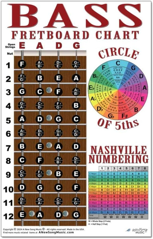 4 String Bass Instructional Chart - Fretboard Notes Poster, Nashville Numbering System, 11"x17"