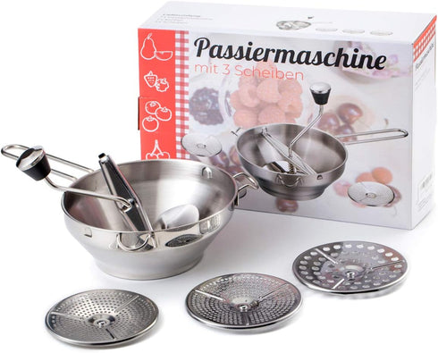 Rotary Food Mill Potato Ricer with 3 Disks, Great for Puree or Soups, Stainless Steel 2-Quart Kitchen Mill, Easy Clean