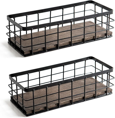 ROSE BLOOM Small Metal Wire Storage Basket: Decorative Wood Base Organizer for Bathroom, Kitchen, Wall Mounted or