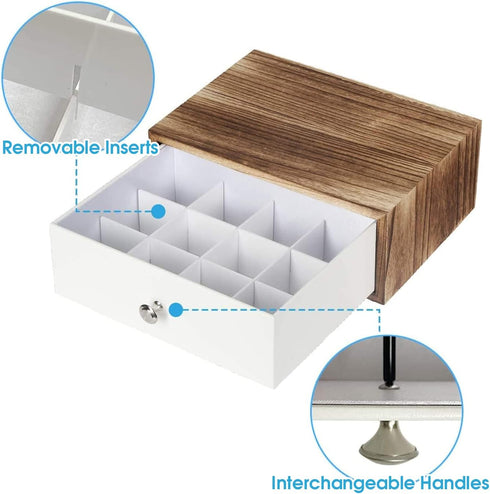JACKCUBE DESIGN Rustic Wood Tea Storage Box with 12 Adjustable Compartments and White Faux Leather Drawer
