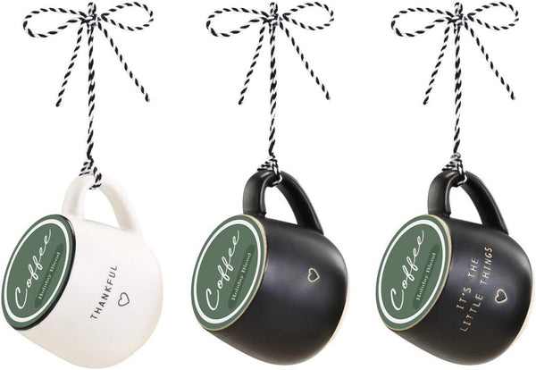 DEMDACO Thankful Black and White Stoneware Coffee Pod Mug, Ornaments Set of 3