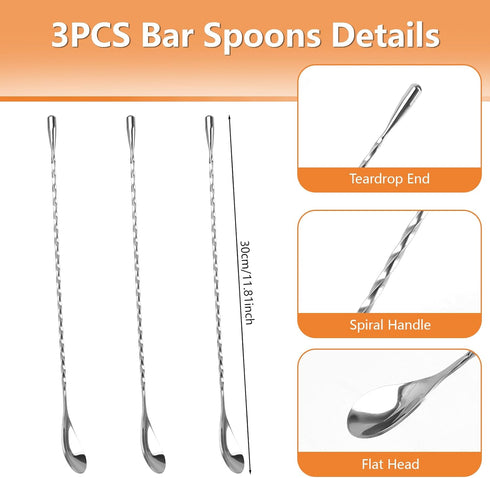 3 12 Inch PCS Bar Spoon, Stirring Spoons, Cocktail Spoon, Drink Stirrer, Mixing Spoon Spiral Pattern Stainless Steel
