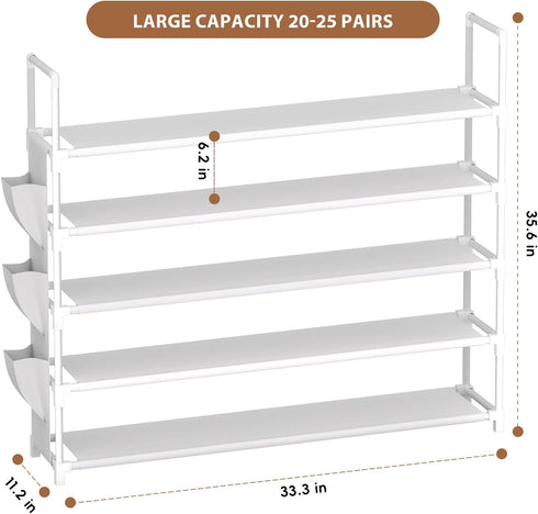 5 33.3in 11.2in 35.6in 20-25 OYREL Tier Shoe Organizer, Wide x Deep x Tall, Black Metal and Plastic Shoe Rack with Side