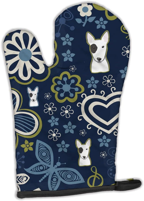 Caroline's Treasures BB5060OVMT Blue Flowers Bull Terrier Oven Mitt, Heat Resistant, Thick Kitchen Mitt for Hot Pans