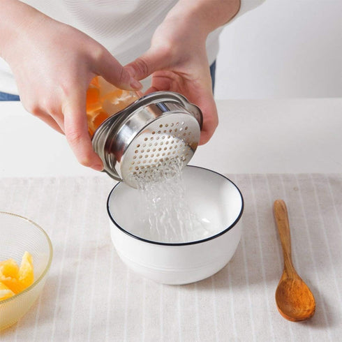 Stainless Steel Food Strainer Sieve Tuna Press Lid Oil Drainer Remover, Unique No-Mess Design