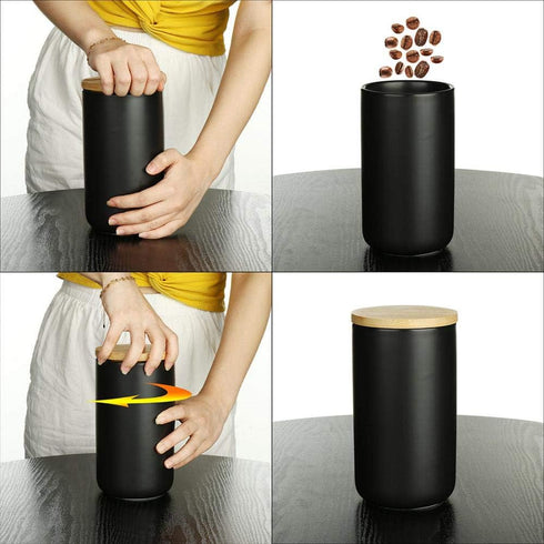 YYW Ceramic Food Storage Jar Canister with Airtight Wooden Lid, Modern Design for Tea, Coffee, Sugar, Spice (Black