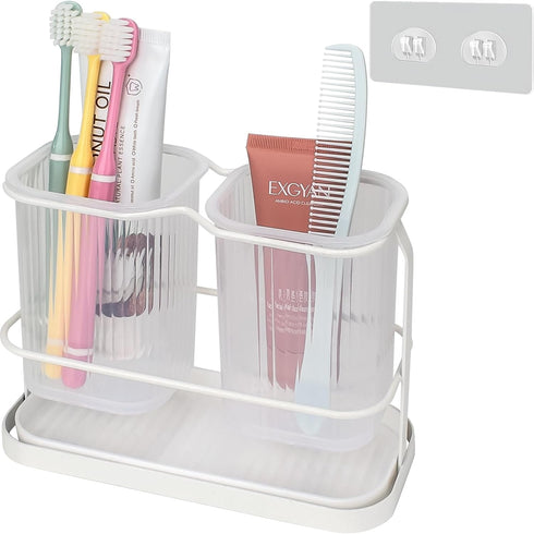 White Toothbrush Holders for Bathrooms, Wall Mounted with 2 Cup, Dry & Wet Separation, Bathroom Countertop Organizer Set