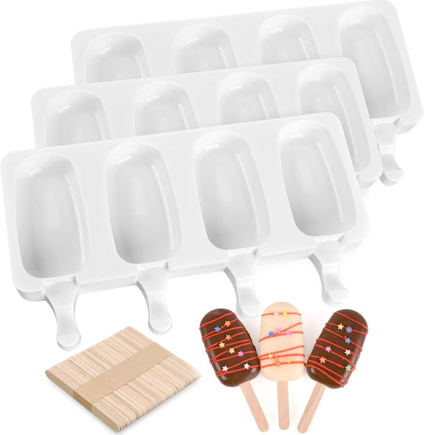 Sakolla 3 Pack Large Popsicle Molds, 4 Cavities Silicone Cake Pop Molds for Chocolate Baking with 100 Sticks