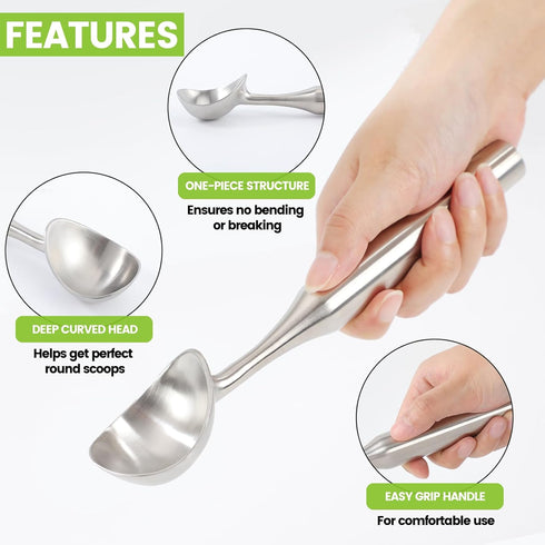 CUNSENR Stainless Steel Ice Cream Scoop - Heavy Duty Ice Cream Scooper with Ergonomic Handle - One-Piece Metal Ice